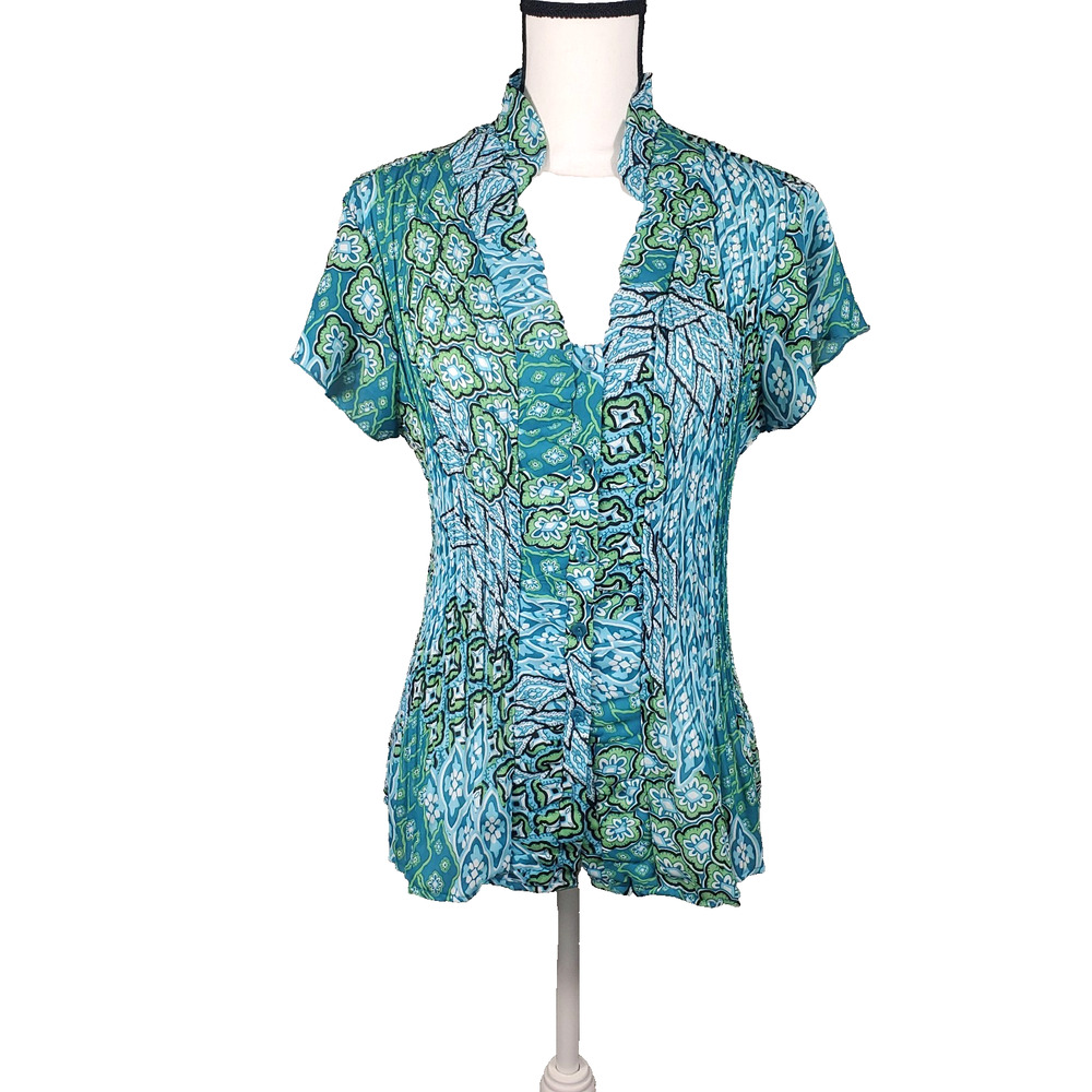 Larry Levine Floral Plisse Ruffle Blouse - Aqua Teal Y2K - Large